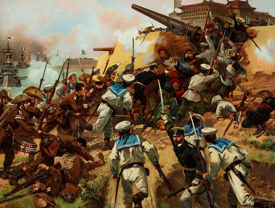 The Capture of the Forts at Taku, a colour print of the assault after Fritz Neumann