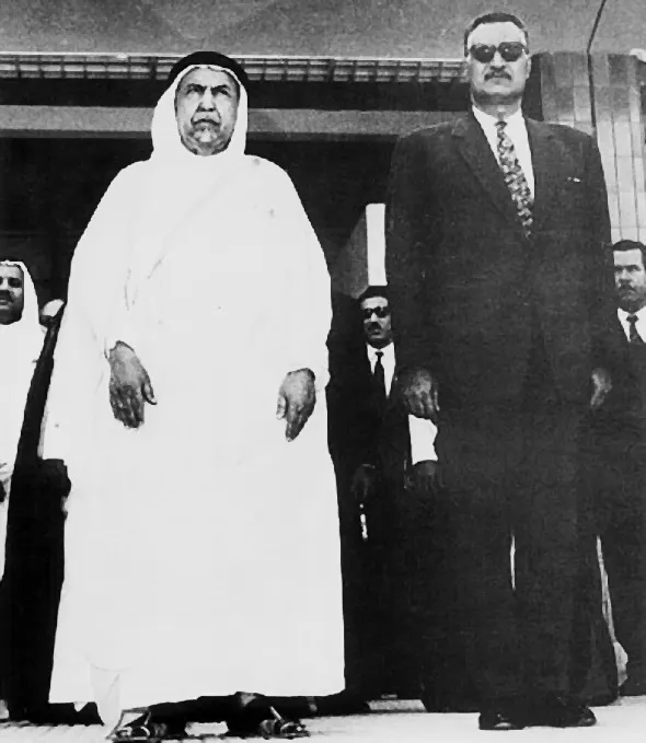 Sheikh Abdullah III Al-Salim Al-Sabah (left), Kuwait's ruler at independence, with President Gamal Abdel Nasser during a visit to Cairo in 1962