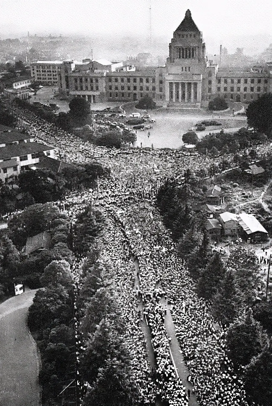 Crowds of demonstrators against the US-Japan Security Treaty filling the streets before the National Diet building in Tokyo, 18 June 1960