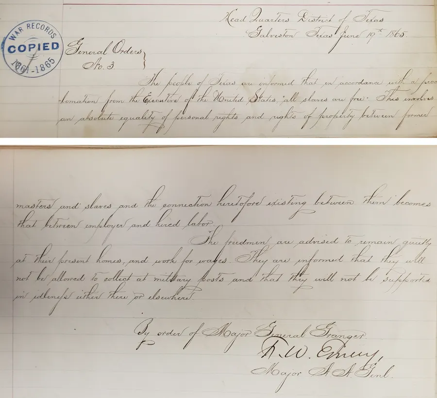 General Order No. 3, issued at Galveston on 19 June 1865, as copied into the Army's order book now held by the US National Archives