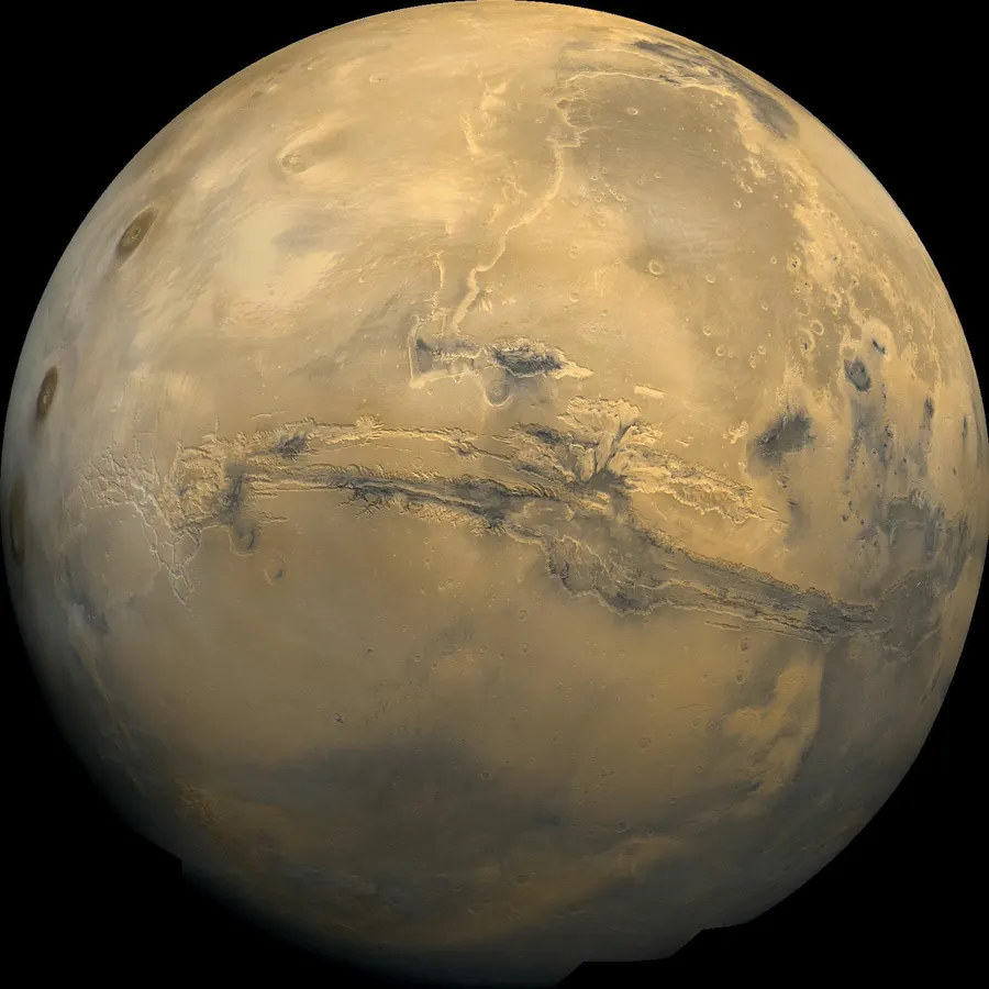 Valles Marineris, the great canyon system of Mars, in a mosaic of 102 images taken by the Viking 1 orbiter