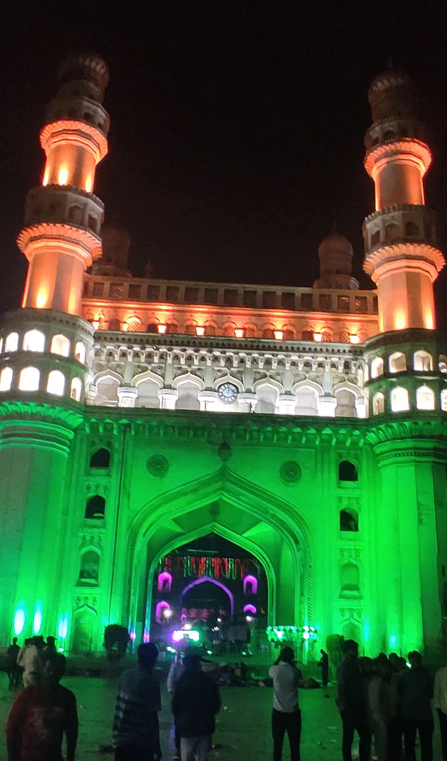 The Charminar in Hyderabad lit up in the saffron, white and green of the Indian flag