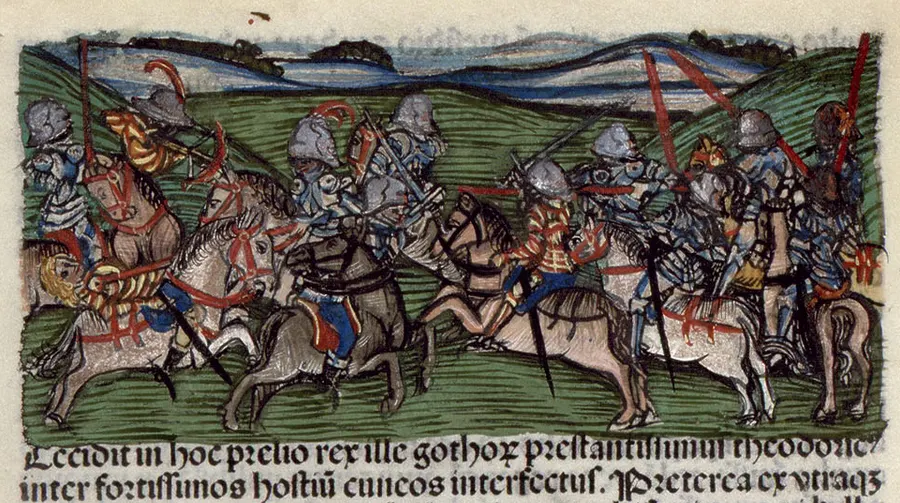 Attila's battle on the Catalaunian Plains, an illustration from the 15th-century Chronica Hungarorum of Johannes de Thurocz