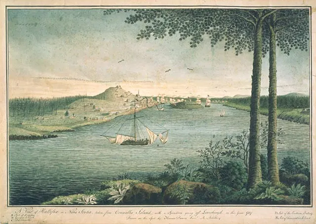 A View of Halifax in Nova Scotia in 1757, with a squadron leaving for Louisbourg, by Thomas Davies