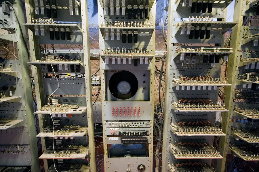 A close-up of the working replica of the Manchester Baby at the Science and Industry Museum in Manchester