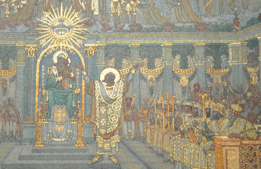 The Council of Ephesus shown in a mosaic in the basilica of Notre-Dame de Fourvière, Lyon