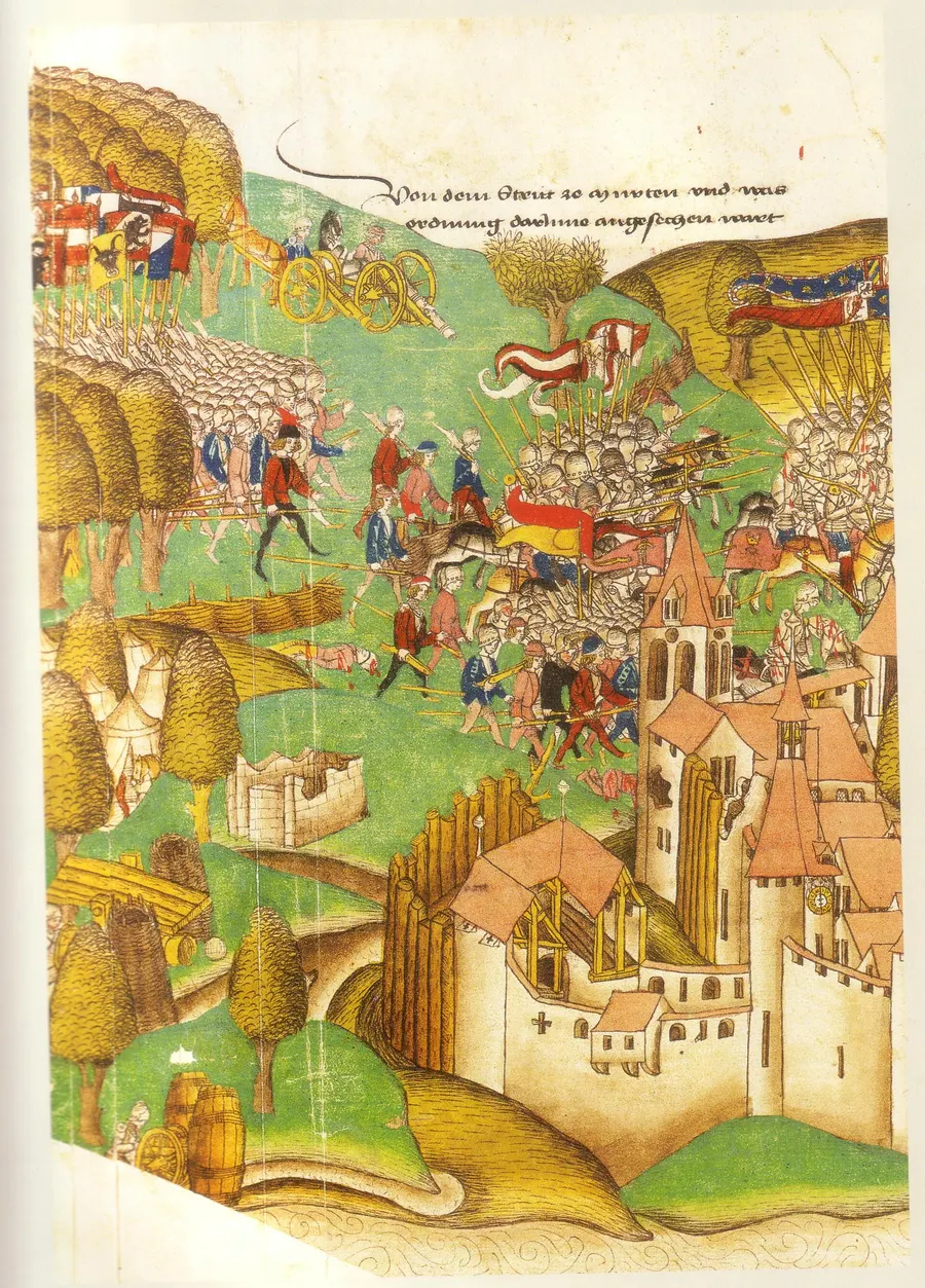 The Battle of Murten in the illustrated Swiss chronicle of Diebold Schilling the Elder, about 1480