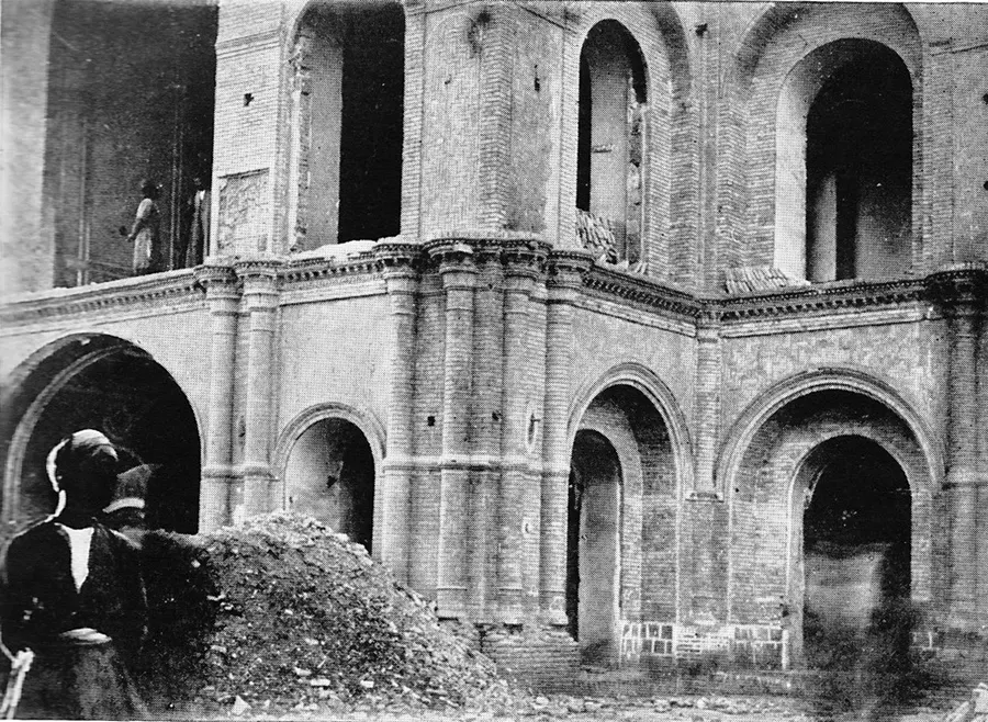 The damaged parliament building in Tehran after the bombardment by the Cossack Brigade in 1908