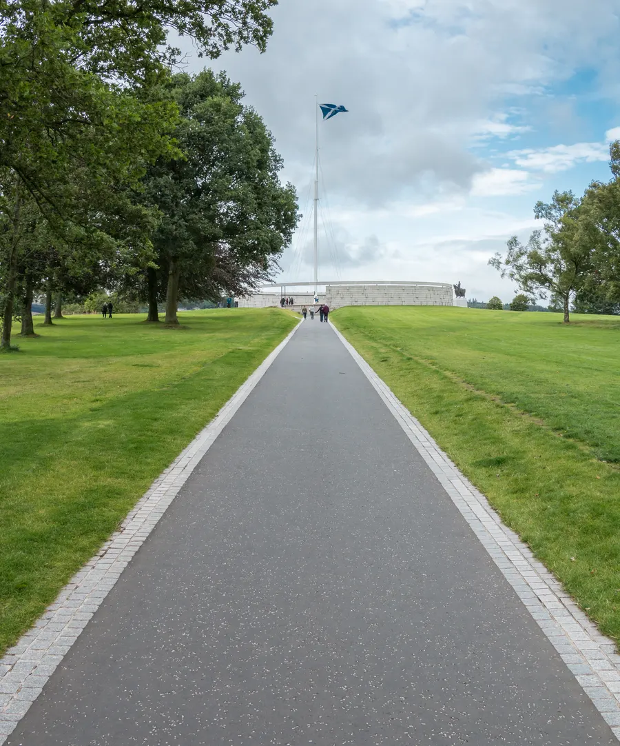 The path to the rotunda of the Bannockburn battlefield monument near Stirling, where the Saltire flies