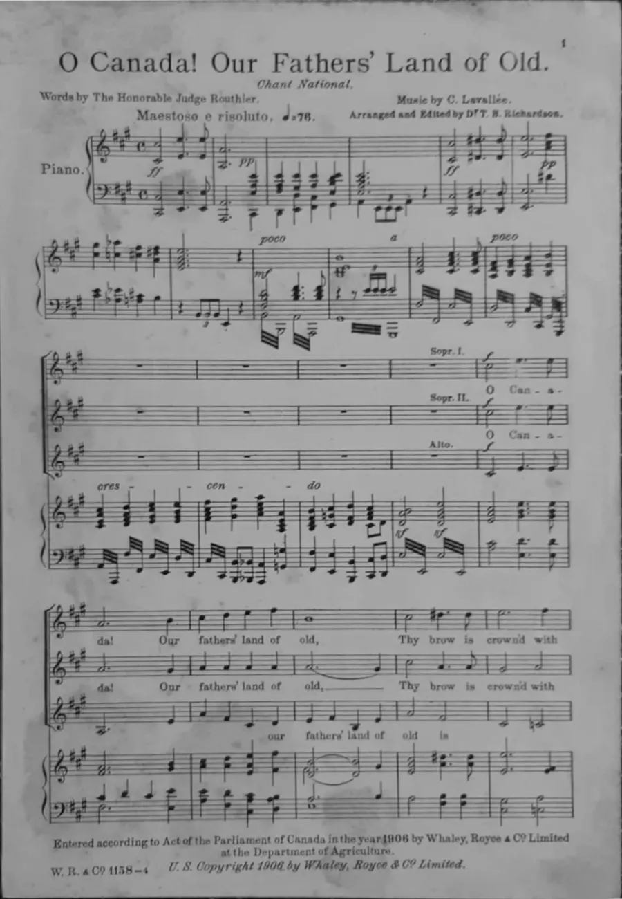 The first page of a 1906 edition of O Canada, with music by Calixa Lavallée and English words