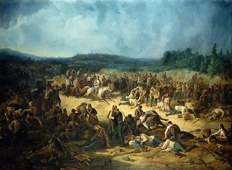 Wounded soldiers on the field of Solferino, from a painting of the 1860s showing Henry Dunant at the battle, now in the Museo Nazionale del Risorgimento, Turin