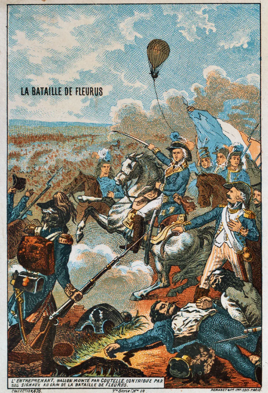 A French colour print of the Battle of Fleurus, with the observation balloon above the fighting