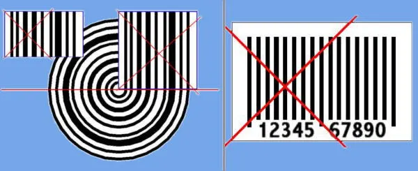 Diagrams from IBM's work on a product code in the early 1970s, showing a round design and a striped barcode