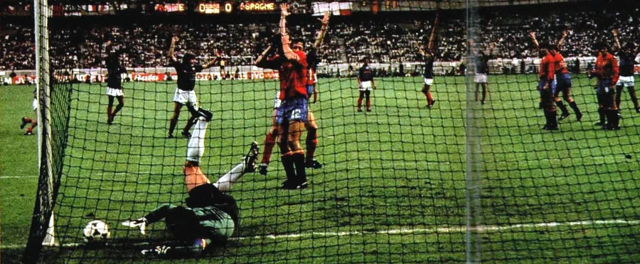 Michel Platini's free kick goes in during the Euro 1984 final between France and Spain