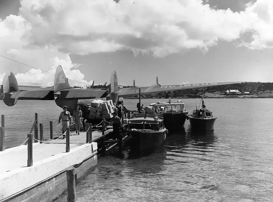 The Dixie Clipper moored at Darrell's Island, Bermuda, in September 1942, three years after the first passenger flight