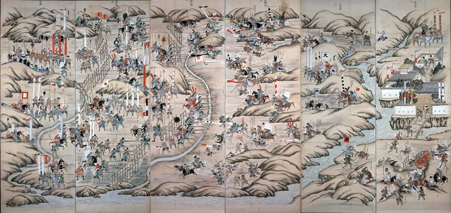 The Battle of Nagashino on a Japanese folding screen of the Edo period, painted long after the battle