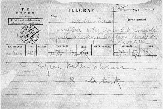 A telegram signed by Kemal Atatürk congratulating Hatay on its decision