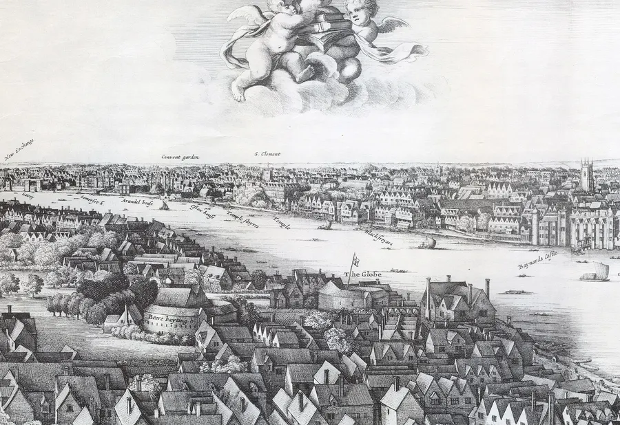 Bankside in Southwark in Wenceslaus Hollar's Long View of London (1647), with the rebuilt Globe among the playhouses