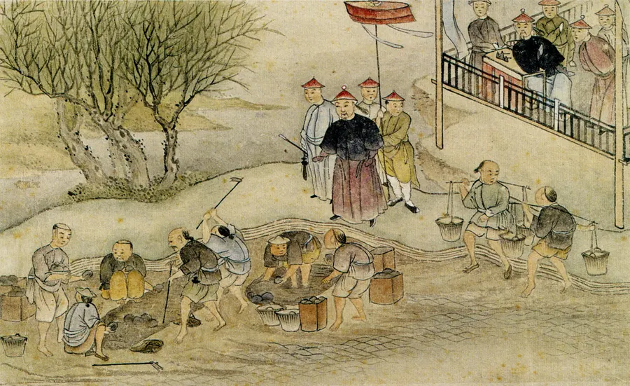 Chinese workers destroying confiscated opium in 1839, in a painting by a Chinese artist