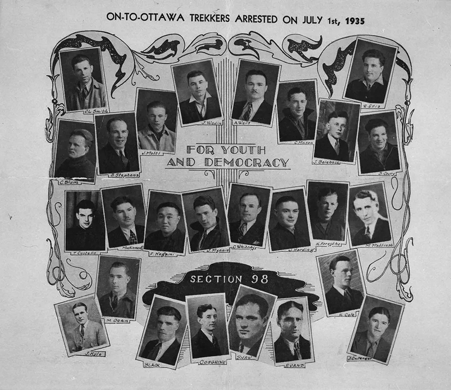 A Communist Party of Canada poster showing the On-to-Ottawa trekkers arrested on 1 July 1935