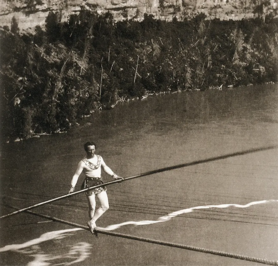 Blondin on his tightrope over the Niagara River, photographed by William England in 1859