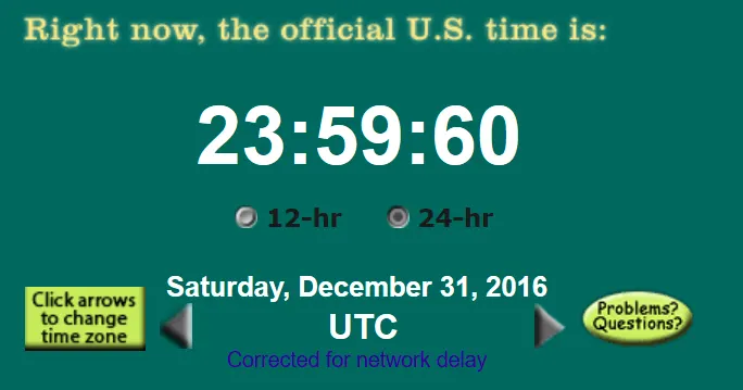 The official US time display from NIST showing 23:59:60 during the leap second at the end of 2016