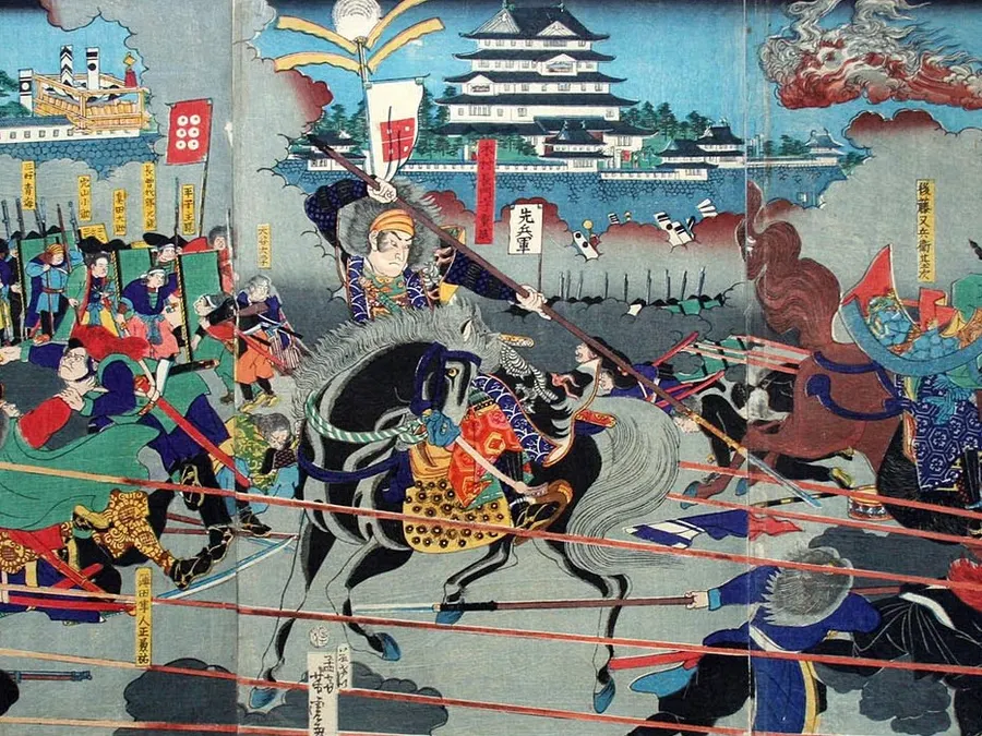 Samurai fighting beneath Osaka Castle, in a 19th-century woodblock print by Utagawa Yoshitora
