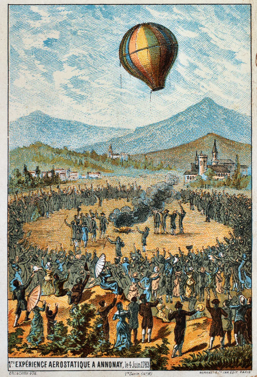 A later French print of the Montgolfier brothers' balloon rising above the crowd at Annonay in 1783