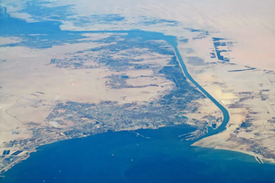 The southern end of the Suez Canal and the city of Suez, seen from the air