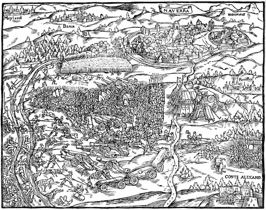 The Battle of Novara in a 16th-century woodcut from the Swiss chronicle of Johannes Stumpf