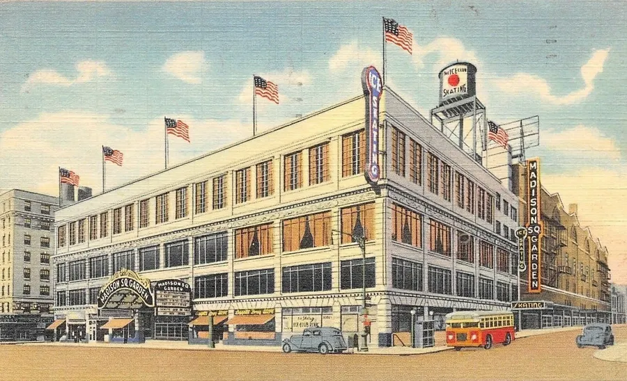Madison Square Garden in New York on a 1941 postcard; big-city arena owners like its managers founded the new league
