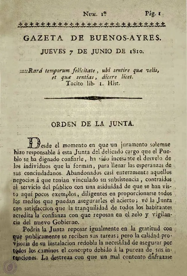 The first page of the first issue of the Gazeta de Buenos-Ayres, dated Thursday 7 June 1810
