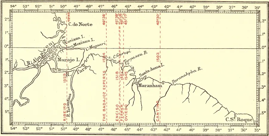 Henry Harrisse's 1897 chart of the South American coast, showing where different mapmakers placed the Tordesillas line