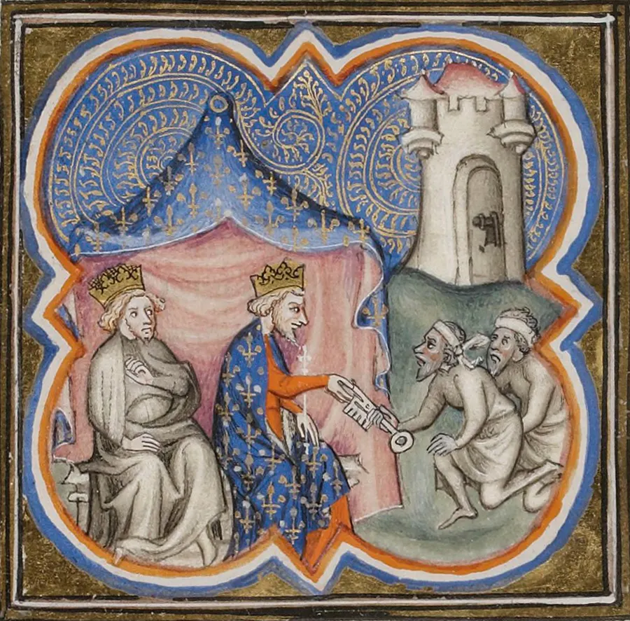 Philip II of France and Richard I receiving the surrender of Acre, in a 14th-century French manuscript