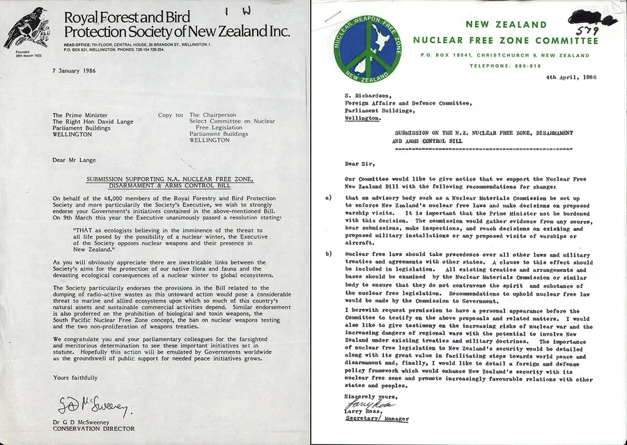 Letters to Parliament supporting the nuclear-free bill, from the Royal Forest and Bird Protection Society and the New Zealand Nuclear Free Zone Committee (Archives New Zealand)