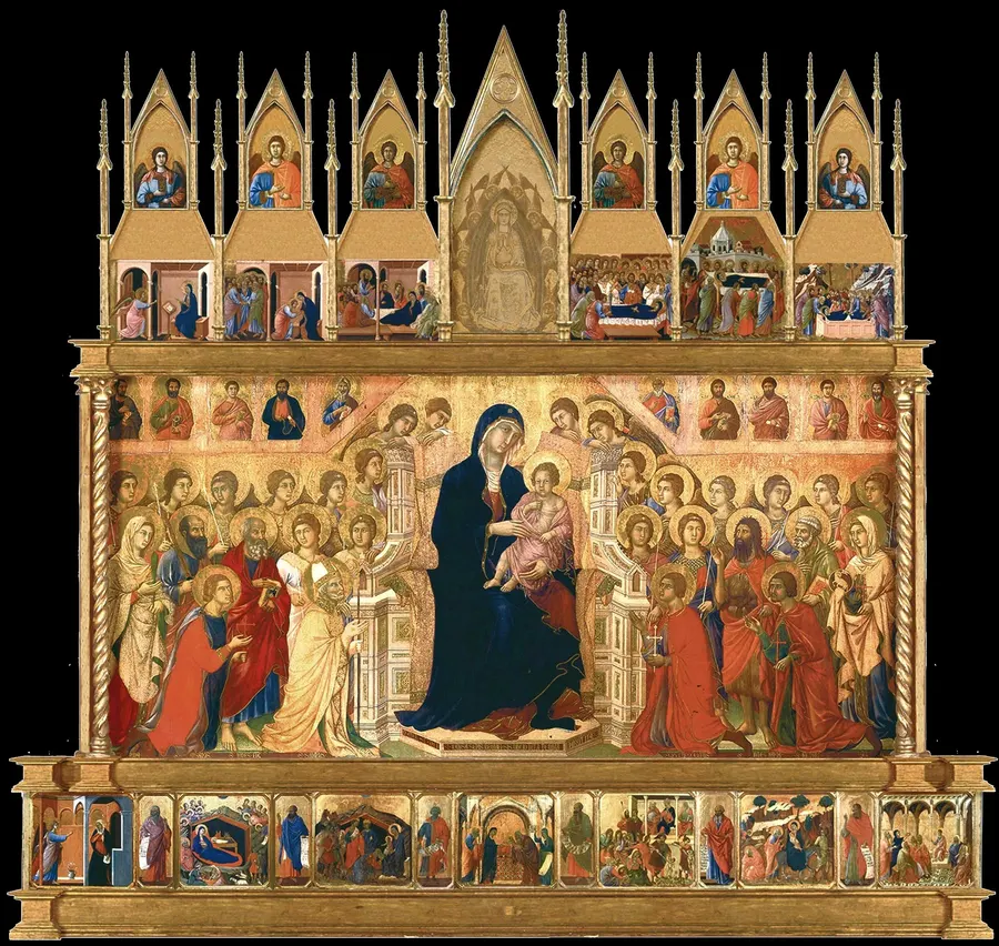 The front of Duccio's Maestà, with the Virgin and Child enthroned among saints and angels, now in the cathedral museum in Siena