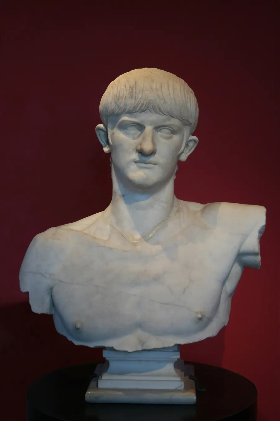 A marble bust of Nero, shown in an exhibition at the Colosseum in Rome