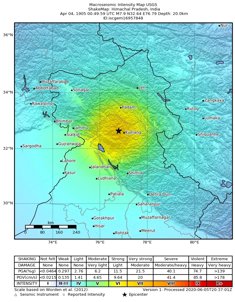 A US Geological Survey map of the shaking in the 1905 Kangra earthquake.