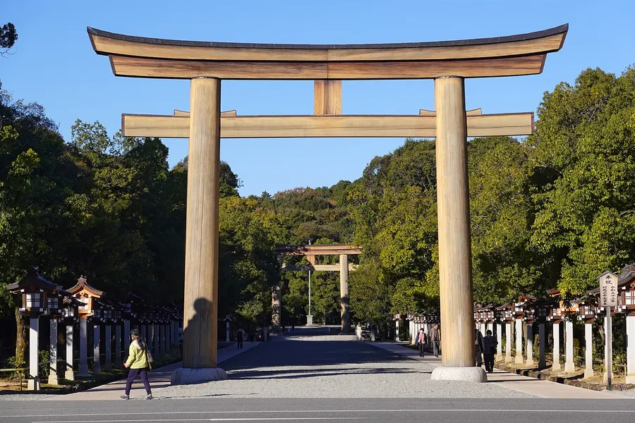 The great torii gate at Kashihara Shrine in Nara prefecture, dedicated to Emperor Jinmu, in December 2025.