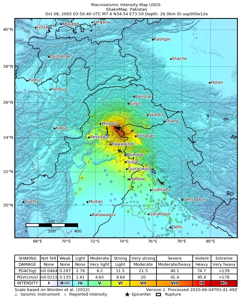 The United States Geological Survey's shake map of the 2005 Kashmir earthquake.