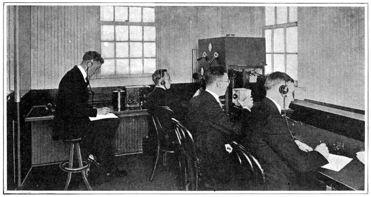 An early KDKA studio in East Pittsburgh, in a photograph of about 1921.