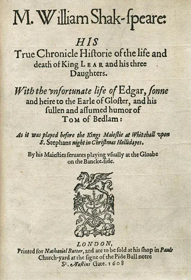 The title page of the first printed edition of King Lear, 1608, which records the performance at Whitehall on St Stephen's night.