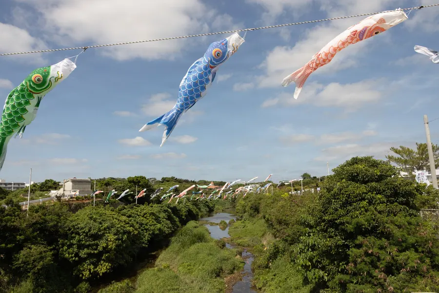 Koinobori carp streamers flown for Golden Week over the Tengan River in Uruma, Okinawa.