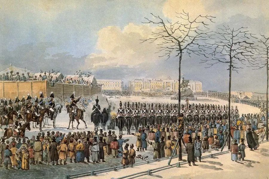 Karl Kolman's watercolour of the rising in Senate Square, St Petersburg, 1830s.