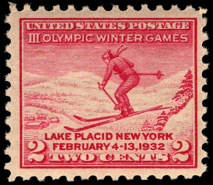 The two-cent US stamp issued for the III Olympic Winter Games at Lake Placid, 1932.