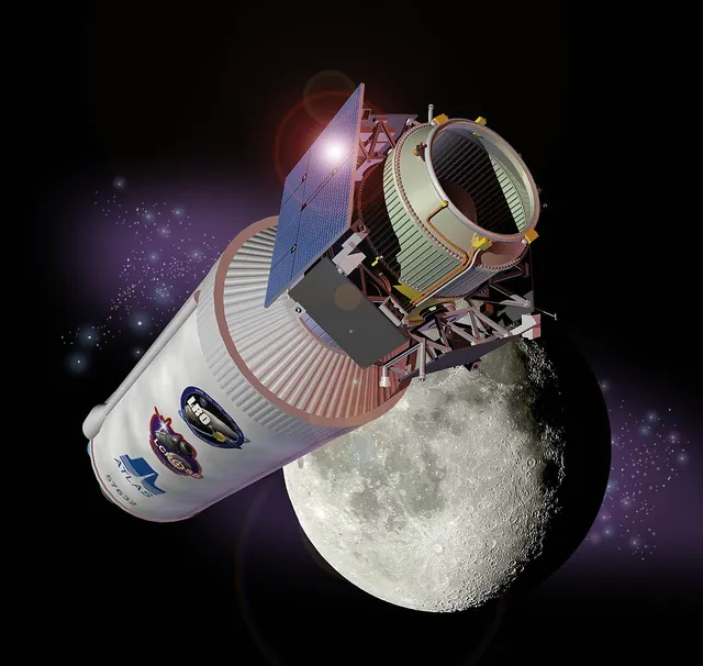 An artist's impression of the LCROSS spacecraft and its Centaur rocket stage approaching the Moon.