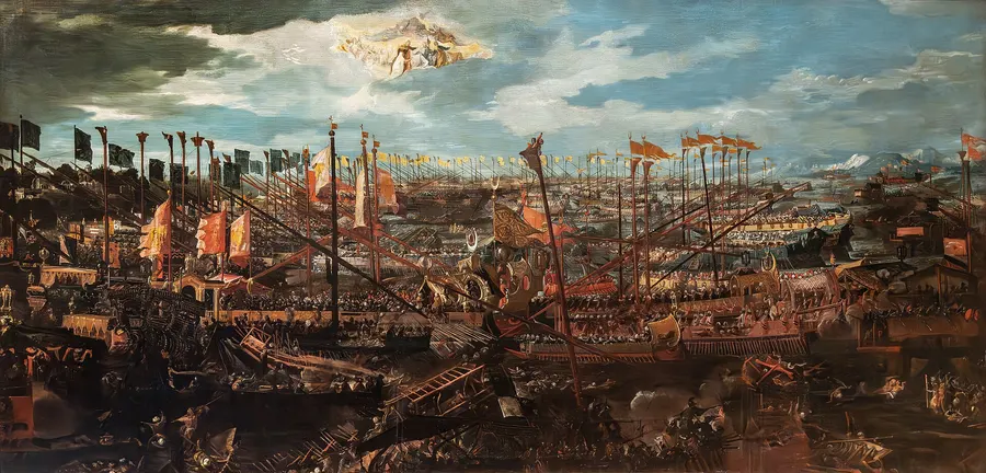 Andrea Vicentino's painting of the battle of Lepanto, in the Correr Museum, Venice.