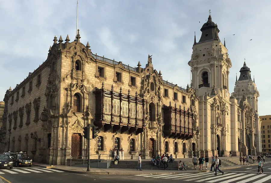 Lima's cathedral towers and the Archbishop's Palace on the Plaza Mayor, the heart of the city Pizarro founded.