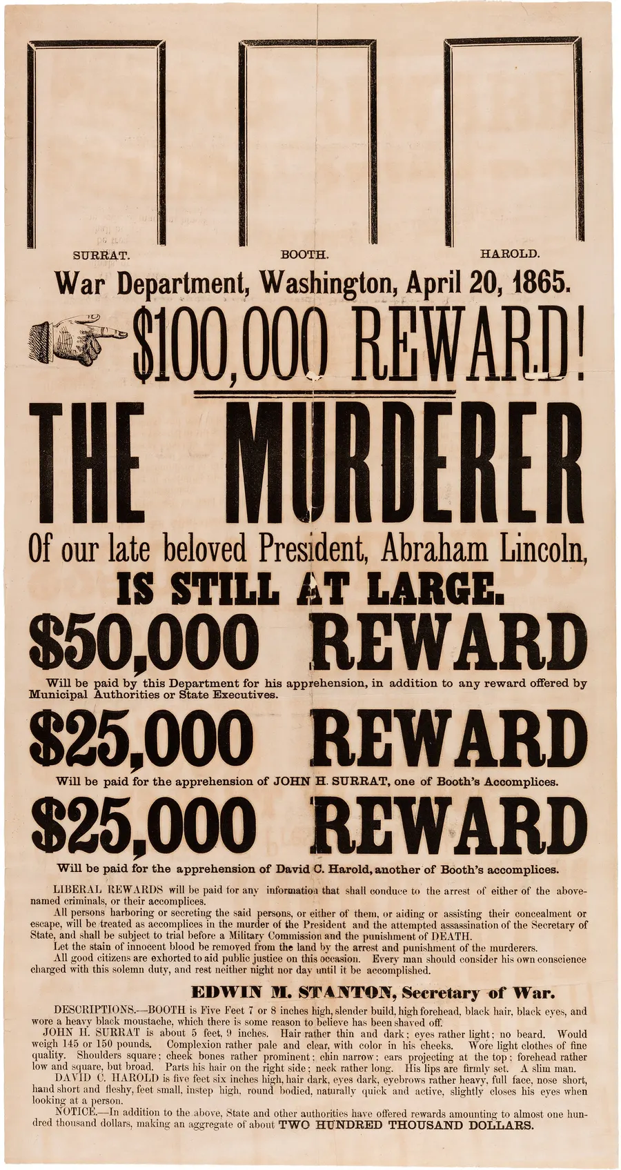 The War Department's reward poster of 20 April 1865 for Booth and two fellow conspirators.