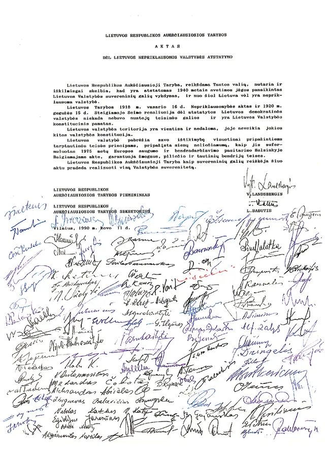 The Act of the Re-Establishment of the State of Lithuania, signed on 11 March 1990.